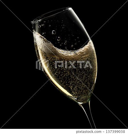 Tulip clear wine glass filled with sparkling champagne and bubbles on black background with clipping path 137399038