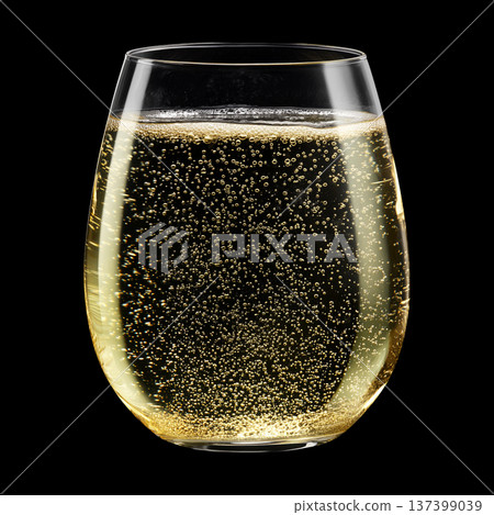 Trumpet clear wine glass filled with sparkling champagne and bubbles on black background with clipping path 137399039