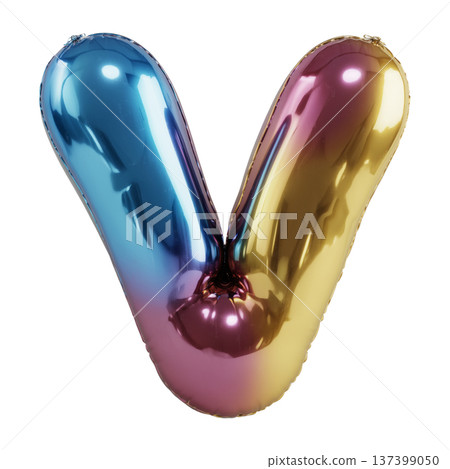 Multicolor metallic inflated balloon letter V shown in glossy style isolated on white background, celebration and festive concept 137399050