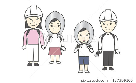 Illustration set of four parents and children taking disaster prevention measures: evacuation drills, helmets, families, and disaster prevention hoods 137399106