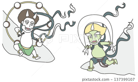 Wind God and Thunder God illustration set Japanese style, god, character, relaxed 137399107