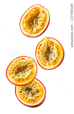 Multiple fresh passion fruit halves showing juicy pulp and seeds isolated on white background, concept of tropical fruit freshness Multiple fresh passion fruit halves showing juicy pulp and seeds isolated on white background, concept of tropical fruit freshness 137399109