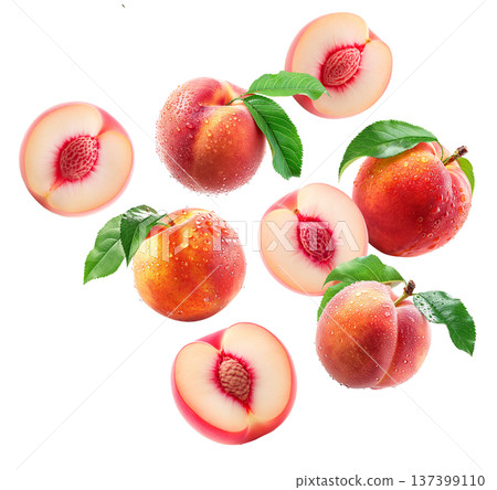 Whole and halved ripe peaches with green leaves and water droplets on white background, freshness and natural fruit concept Whole and halved ripe peaches with green leaves and water droplets on white background, freshness and natural fruit concept 137399110