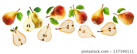 Juicy red yellow pear with water drops and sliced halves, isolated on white background, concept of freshness and fruit Juicy red yellow pear with water drops and sliced halves, isolated on white background, concept of freshness and fruit 137399111