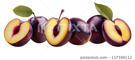 Juicy red and purple plums with green leaves and water droplets on white background, concept of freshness and healthy food Juicy red and purple plums with green leaves and water droplets on white background, concept of freshness and healthy food 137399112
