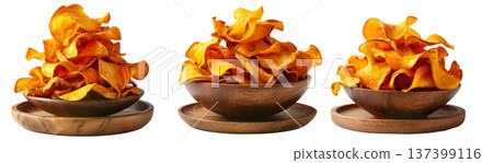 Kumara sweet potato chips isolated on white transparent background, representing healthy New Zealand snack food concept 137399116