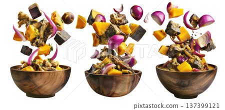 Papua New Guinea Taro and Sweet Potato Stew, thick stew of root vegetables and leafy greens, isolated on white background 137399121