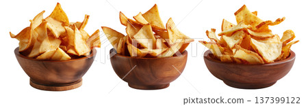 Pile of Tavioka or Cassava chips served in rustic wooden bowl, isolated on white background, concept of Fijian snack food Pile of Tavioka or Cassava chips served in rustic wooden bowl, isolated on white background, concept of Fijian snack food 137399122