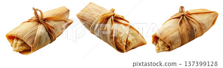 Venezuelan tamales wrapped in corn husk, tied with rustic rope, isolated on white background, representing South American cuisine Venezuelan tamales wrapped in corn husk, tied with rustic rope, isolated on white background, representing South American cuisine 137399128