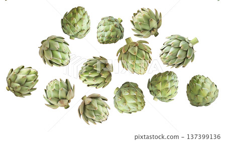 Fresh whole green artichokes isolated on white background, showcasing natural texture and detail, concept of healthy eating 137399136