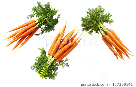 Bunches of fresh orange carrots with green tops arranged in a scattered layout isolated on white background, organic healthy food Bunches of fresh orange carrots with green tops arranged in a scattered layout isolated on white background, organic healthy food 137399141
