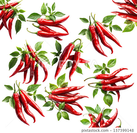 Bunches of red chili peppers with green leaves isolated on white background, concept of spice and flavor Bunches of red chili peppers with green leaves isolated on white background, concept of spice and flavor 137399148