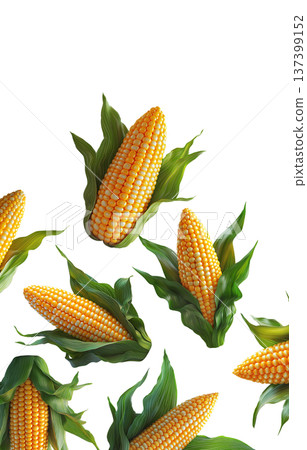 Juicy corn cobs with green husks displayed in seamless layout, isolated on white backdrop, concept of organic food and harvest Juicy corn cobs with green husks displayed in seamless layout, isolated on white backdrop, concept of organic food and harvest 137399152