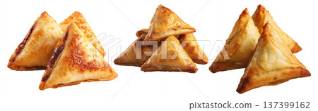 Set of Briouat triangular fruit filled pastries, phyllo pastries filled with meat or almonds on white, Arabic sweet desserts Set of Briouat triangular fruit filled pastries, phyllo pastries filled with meat or almonds on white, Arabic sweet desserts 137399162