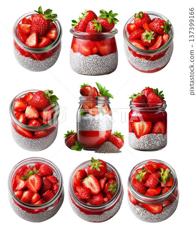 Fresh strawberry chia pudding in glass jar topped with mint leaves, isolated on white transparent background Fresh strawberry chia pudding in glass jar topped with mint leaves, isolated on white transparent background 137399166