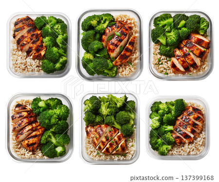 Healthy grilled chicken, brown rice, and broccoli in plastic meal container isolated on white transparent background Healthy grilled chicken, brown rice, and broccoli in plastic meal container isolated on white transparent background 137399168