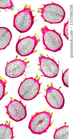 Whole and halved dragon fruits with vibrant pink skin and white flesh with seeds, on white background, concept of tropical food Whole and halved dragon fruits with vibrant pink skin and white flesh with seeds, on white background, concept of tropical food 137399186