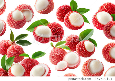 Juicy lychee fruits with red rough skin and green leaves, peeled and whole, on white background. Concept of tropical fruit 137399194