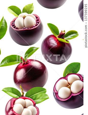 Whole and halved mangosteen fruits with green leaves isolated on white background, concept of tropical exotic fruits pattern Whole and halved mangosteen fruits with green leaves isolated on white background, concept of tropical exotic fruits pattern 137399195