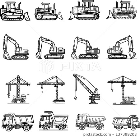 工程機械和車輛線條圖示集 137399208