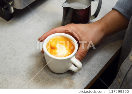 Barista Expertly Crafts a Cappuccino in Cozy Cafe Setting During Morning Hours Barista Expertly Crafts a Cappuccino in Cozy Cafe Setting During Morning Hours 137399390