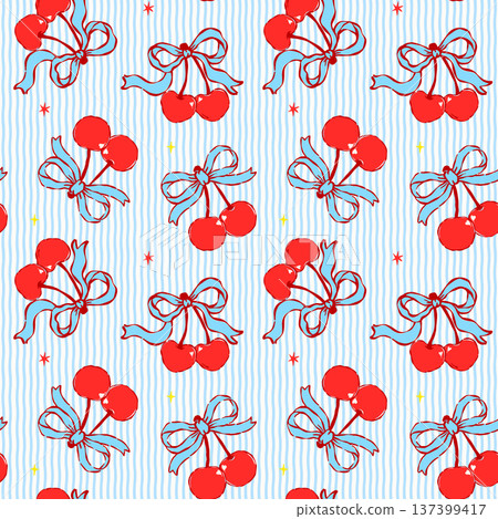 Coquette Blue Ribbon Bow and Red Cherries Seamless Pattern Whimsical Retro Vintage Stripes Hand Drawn 137399417