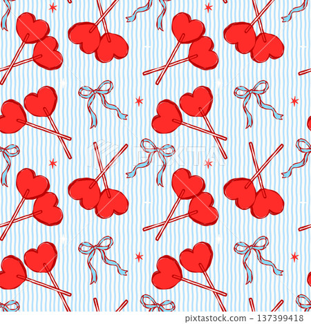 Coquette Blue Ribbon Bow and Red Heart Candies Seamless Pattern on Blue Stripes Whimsical Retro Vintage Hand Drawn Surface Design for Fabric and Wallpaper Coquette Blue Ribbon Bow and Red Heart Candies Seamless Pattern on Blue Stripes Whimsical Retro Vintage Hand Drawn Surface Design for Fabric and Wallpaper 137399418