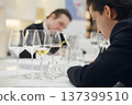 Sommelier degustate wine. Training of restaurant staff, studying alcohol list. Blind wine tasting. 137399510