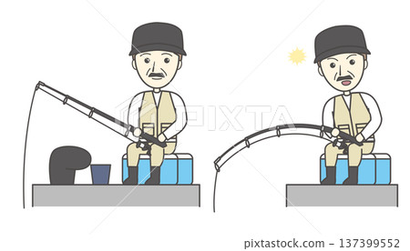 Illustration set of an old man enjoying fishing (fishing, hobby, caught fish, hit) 137399552