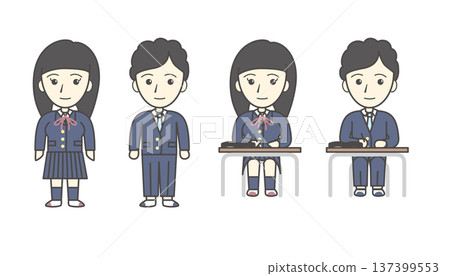 一組國中男生女生的插畫（制服、制服、學校、教育、青少年） 137399553