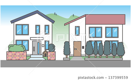 一組面向街道的現代房屋插圖(房屋、兩棟房屋、街景、房地產、住宅) 一組面向街道的現代房屋插圖(房屋、兩棟房屋、街景、房地產、住宅) 137399559