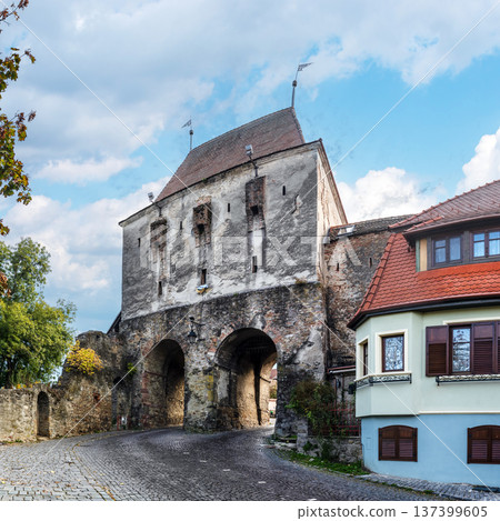 Clock Tower and Historic Gateway in Medieval Sighisoara Citadel Romania 137399605