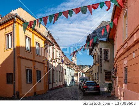 Clock Tower and Historic Gateway in Medieval Sighisoara Citadel Romania 137399608