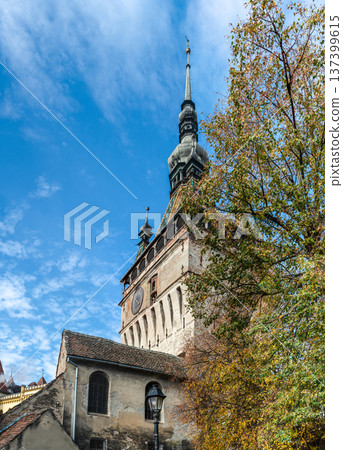 Clock Tower and Historic Gateway in Medieval Sighisoara Citadel Romania 137399615