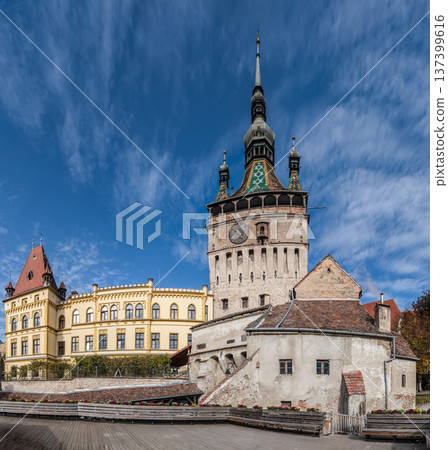 Clock Tower and Historic Gateway in Medieval Sighisoara Citadel Romania 137399616
