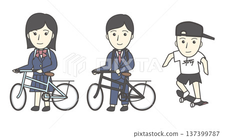 一組插圖,描繪了一名高中生推著自行車和一名男子踩著滑板(通勤上學、愛好、年輕人) 一組插圖,描繪了一名高中生推著自行車和一名男子踩著滑板(通勤上學、愛好、年輕人) 137399787