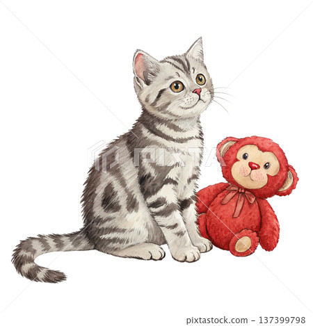 Adorable Cat Breeds Sitting Next to a Red Monkey Doll Watercolor  137399798