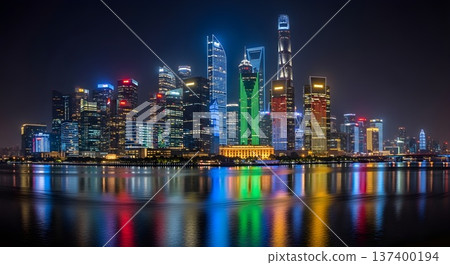 Ultra-detailed futuristic city skyline at night with vibrant multicolor lights reflecting on river water, crisp clean edges, noise-free clarity, natural lighting, and no human presence 137400194