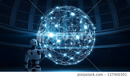 A robotic cartographer creating a 3D holographic star map in an observatory 137400301