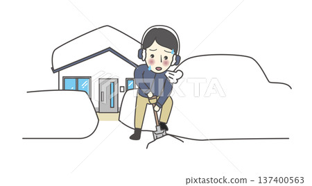 Illustration set of a house buried in snow due to heavy snowfall and a man shoveling snow (snow removal, snow accumulation, winter, natural disaster, hard work) Illustration set of a house buried in snow due to heavy snowfall and a man shoveling snow (snow removal, snow accumulation, winter, natural disaster, hard work) 137400563
