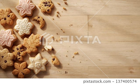 俯視圖，展示餅乾和咖啡桌（烘焙食品，留白） 137400574