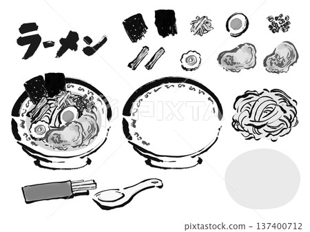 Set of ramen (chuka soba) fillings - Japanese-style brush-drawn illustration 137400712