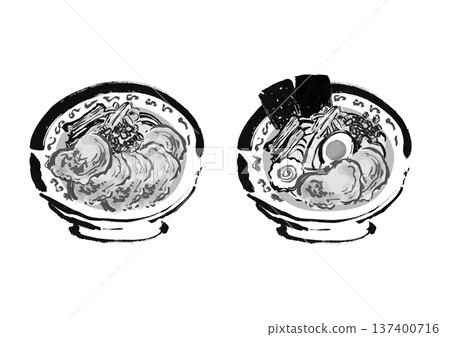 拉麵（中式麵條）和叉燒拉麵日式毛筆畫插圖套裝 137400716
