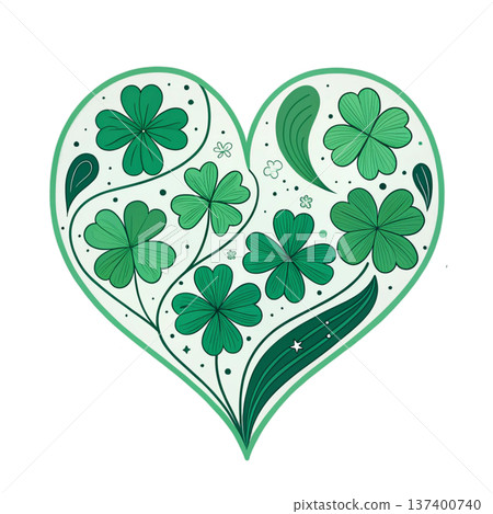 Elegant lucky heart emblem featuring stylized four-leaf clovers and small star bursts 137400740