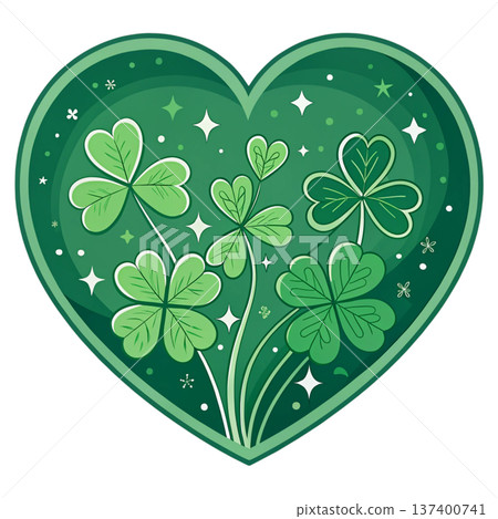 Elegant lucky heart emblem featuring stylized four-leaf clovers and small star bursts 137400741