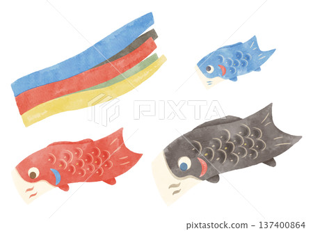 水彩插畫，描繪了一個家庭與彩帶和鯉魚彩帶的場景 137400864
