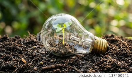Green energy and eco-friendly innovation concept with a sprout growing in a light bulb on soil Green energy and eco-friendly innovation concept with a sprout growing in a light bulb on soil 137400941