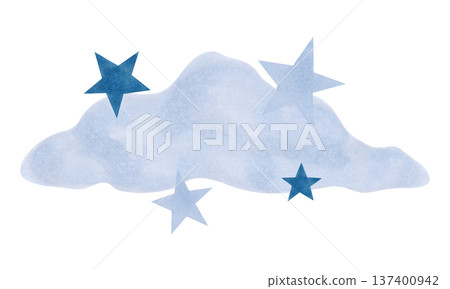 Blue fluffy cloud surrounded by stars. Watercolor illustration. Celestial composition of a nighttime atmosphere, a dream. Hand drawn isolated art. Children's cartoon sketch for a bedroom, bedding. Blue fluffy cloud surrounded by stars. Watercolor illustration. Celestial composition of a nighttime atmosphere, a dream. Hand drawn isolated art. Children's cartoon sketch for a bedroom, bedding. 137400942