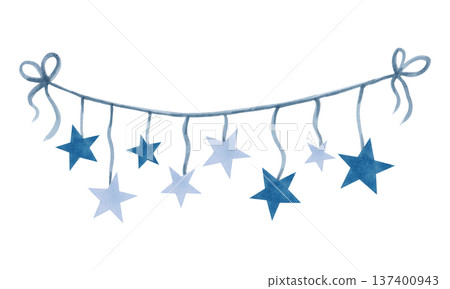Garland with blue stars on a ribbon. Watercolor illustration. Clipart with elements of the cosmic sky. The magic of the night sky, astrology. Hand drawn isolated art. Nightlights for children's decor. Garland with blue stars on a ribbon. Watercolor illustration. Clipart with elements of the cosmic sky. The magic of the night sky, astrology. Hand drawn isolated art. Nightlights for children's decor. 137400943
