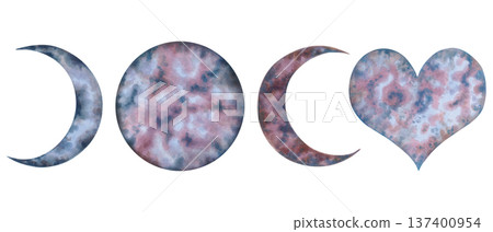 Clipart crescent moon, full moon, heart with cosmic texture. Watercolor illustration of the lunar phases. Hand drawn celestial element. Celestial element for astrology, tarot, mystical themes. Clipart crescent moon, full moon, heart with cosmic texture. Watercolor illustration of the lunar phases. Hand drawn celestial element. Celestial element for astrology, tarot, mystical themes. 137400954